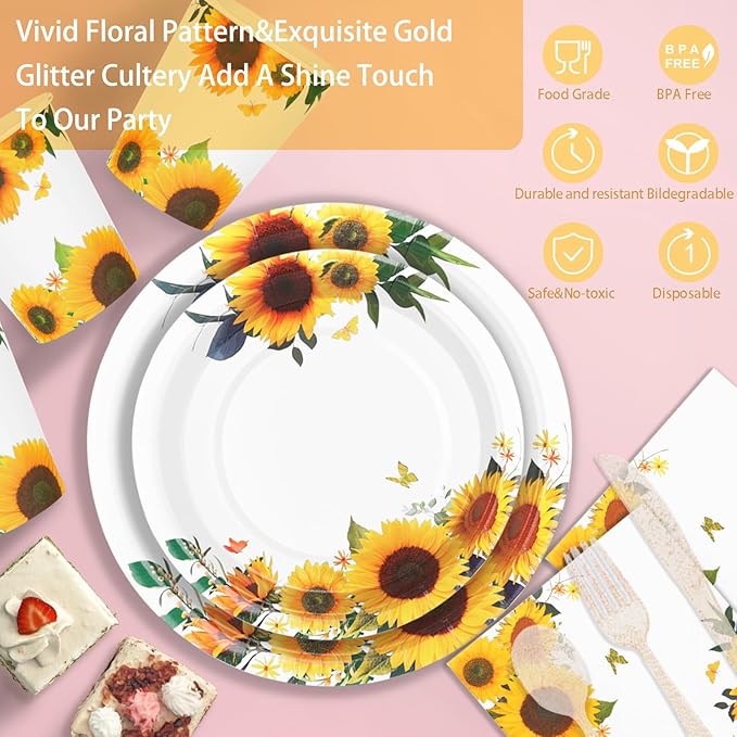 Sunflower Party Decorations-168PCS Sunflower Plates and Napkins Party Supplies,Yellow Paper Plates with Gold Glitter Cultery for Birthday Baby Shower Decorations Serve 24 Guests