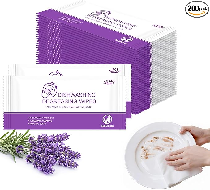 Dish Wipes for Camping Individually Wrapped Dish Cleaning Wipes Travel Lavender Scent 7.7”x 7.3” Disposable for Kitchen Outdoor Traveling RV Quick Clean (Pack of 200)