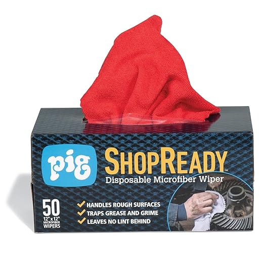 PIG ShopReady Microfiber Wipers| Durable Low-Lint Microfiber Rags | 50 per box | 12" W x 12" L | Red | PM50808-RD