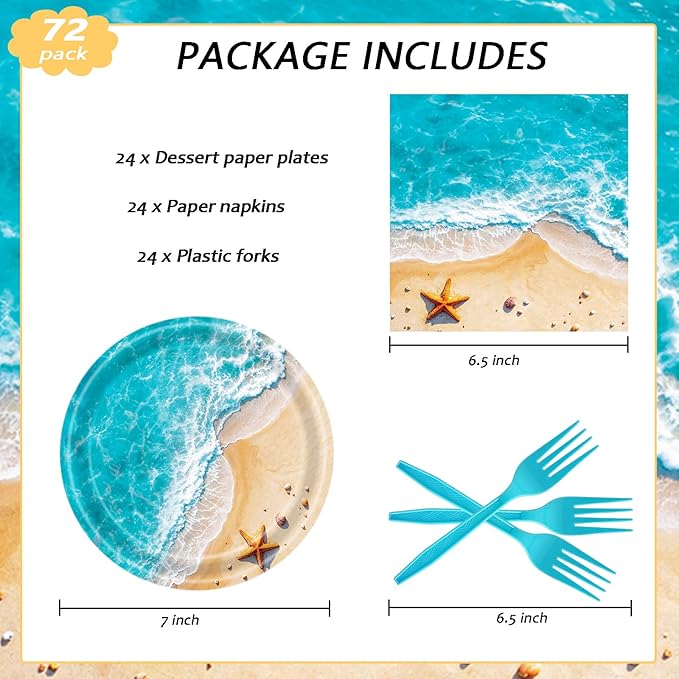 72 Pcs Ocean Waves Paper Plates Disposable Beach Party Birthday Dessert Plates Napkins Forks Tableware Set Summer Pool Party Decoration Supplies for Baby Shower Blue Ocean Hawaiian Birthday, Serve 24