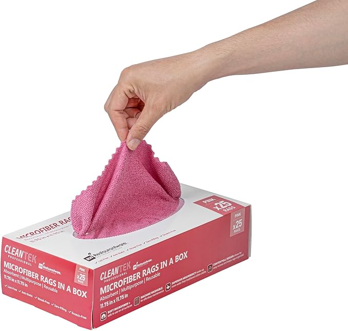 Restaurantware-Clean Tek Professional 11.81 x 11.81 Inch Microfiber Rags In a Box, 25 Absorbent Cleaning Cloths - No-Scratch, Pink Microfiber Reusable Edgeless Cleaning Towels, Leaves No Streak