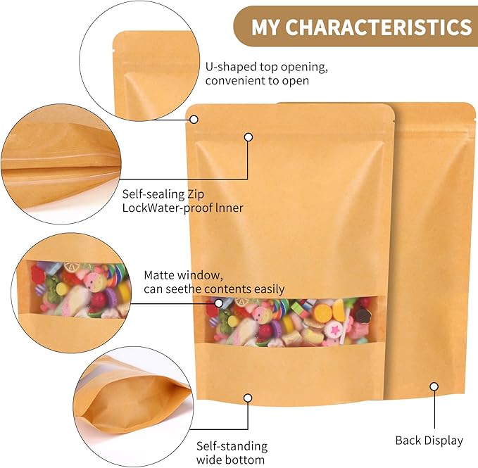 Moretoes 72pcs 7x10 Inches Resealable Bags, Kraft Paper Ziplock Bags with Window, Stand Up Pouch Bags for Coffee, Applicable to Home or Business for Packaging