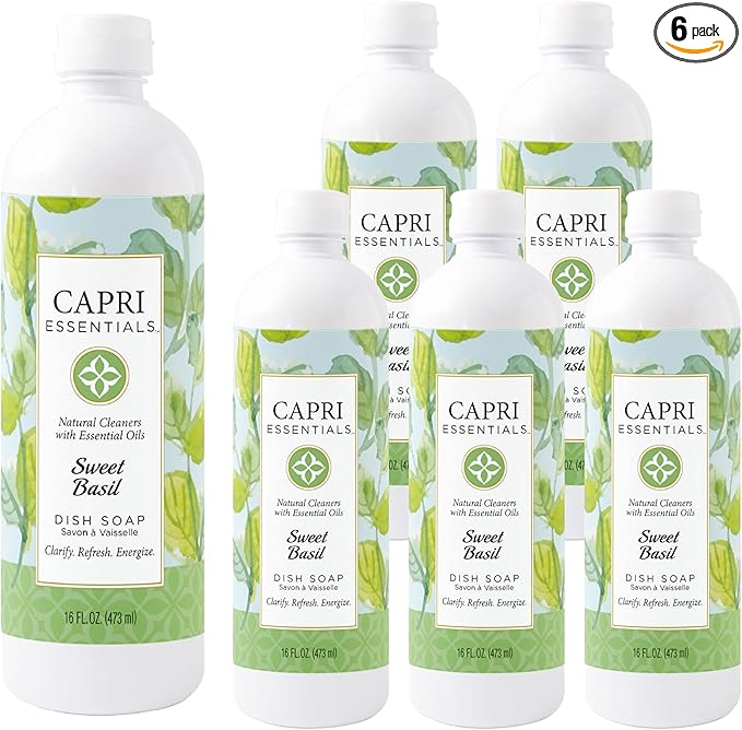 CAPRI ESSENTIALS Dish Soap Liquid, Natural Household Cleaning, Plant Based Aromatic Dish Detergent, Blend of Essential Oils with Almond Oil, Eucalyptus & Peppermint, Sweet Basil, 16 FL Oz (6 Pack)