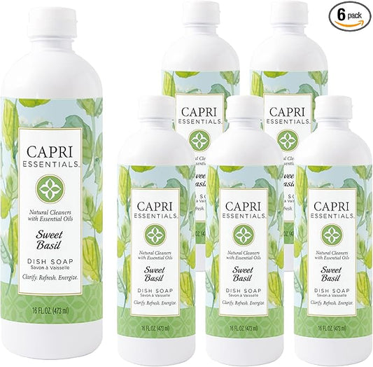 CAPRI ESSENTIALS Dish Soap Liquid, Natural Household Cleaning, Plant Based Aromatic Dish Detergent, Blend of Essential Oils with Almond Oil, Eucalyptus & Peppermint, Sweet Basil, 16 FL Oz (6 Pack)