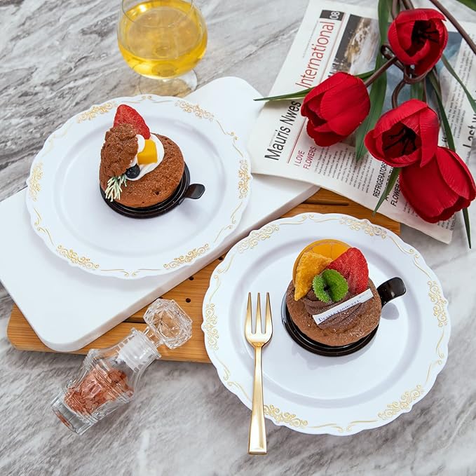 LIYH 200 Pcs Gold Dessert Plates,100 Pcs Appetizer Plates 7.5" and 100 Pcs Gold Plastic Forks 5", Cake Plates, Disposable Salad Plate Wedding Cake Plate Forks for Parties, Birthdays, Wedding
