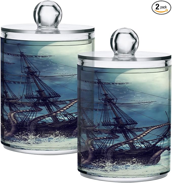 Blueangle 2PCS Pirate Ship Qtip Holder Dispenser with Lids - Apothecary Jar Containers for Vanity Organizer Storage - Plastic Food Storage Canisters