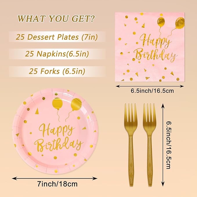 75 Pcs Happy Birthday Paper Plates,Serves 25 Guests Rose Gold Plates and Napkins with Gold Forks,Disposable Paper Tableware Set for Birthday Party Decorations