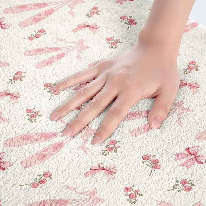 Ballet Shoes Kids Bath Mats,Pink Bowknot Bow Tie Geometric Patchwork Mats Rugs for Girls,Rose Flowers Dots French Bath Carpets,Romantic Unique Bath Rugs,Absorbent Floor Mats,20Wx32L Inches