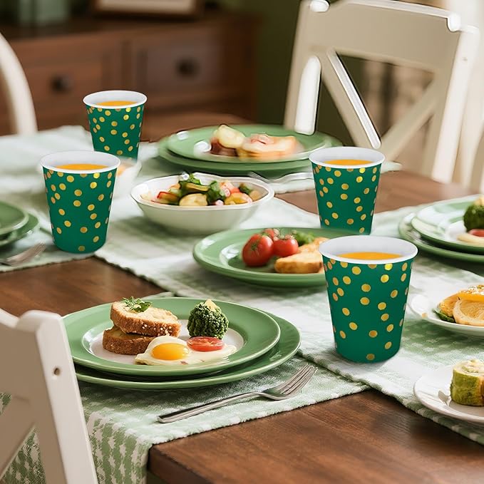 Dark Green and Gold Paper Cups,9 oz Dark Green and Gold Disposable Cups,Paper Cups for Birthday Wedding Party Supplies(50 Pcs)