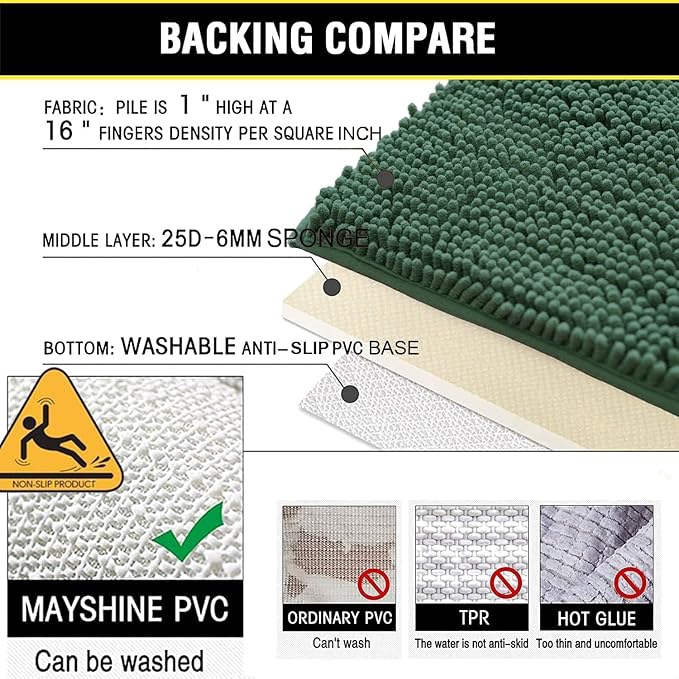BOANKODU Bathroom Rugs Sets 2 Piece，47X16+16X24Inch，Absorbent Non-Slip Very Soft Chenille Mat,Machine Washable （Dark Green）