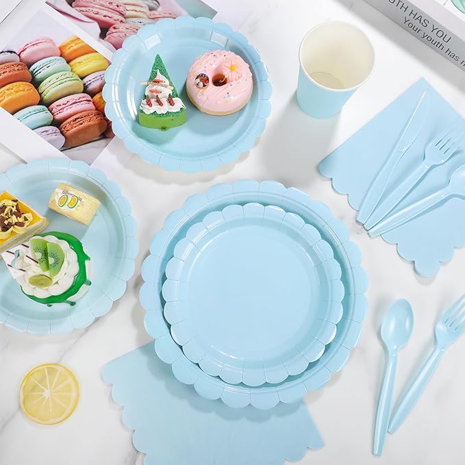 350 Pcs Light Blue Paper Plates and Napkins, Boy Baby Shower Decorations Include Scalloped Plates Napkins Cups for Kindergarten Graduation, Bridal Shower, Summer Wedding, Birthday
