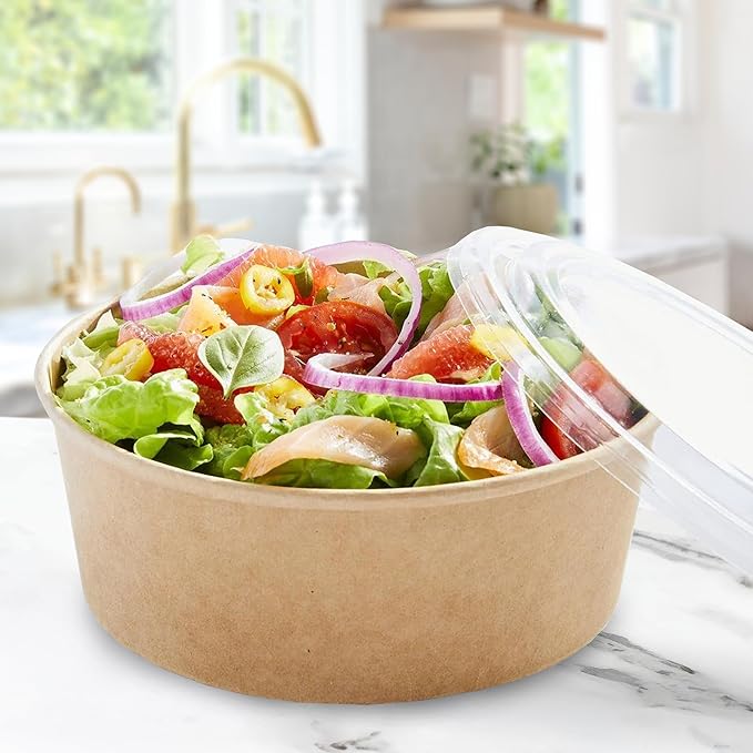 Ruthy's Outlet Kraft Salad Bowls W/Clear Lids – Disposable Paper Salad Containers, Eco-Friendly | Leak-Resistant | Microwave Safe – Ideal for Meal Prep, To-Go Orders & Catering (50, 24 oz)