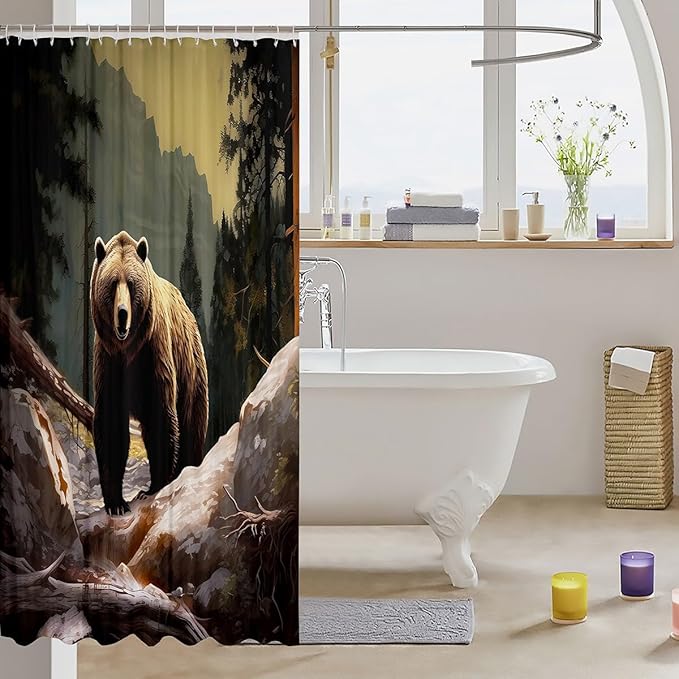 Feelyou Kids Cabin Bear Shower Curtain Farmhouse Bear Animal Bath Curtain for Teens Decor Smoky Mountain Bathroom Shower Curtain Set Black Brown Kids Bathroom Accessories 72"x84"