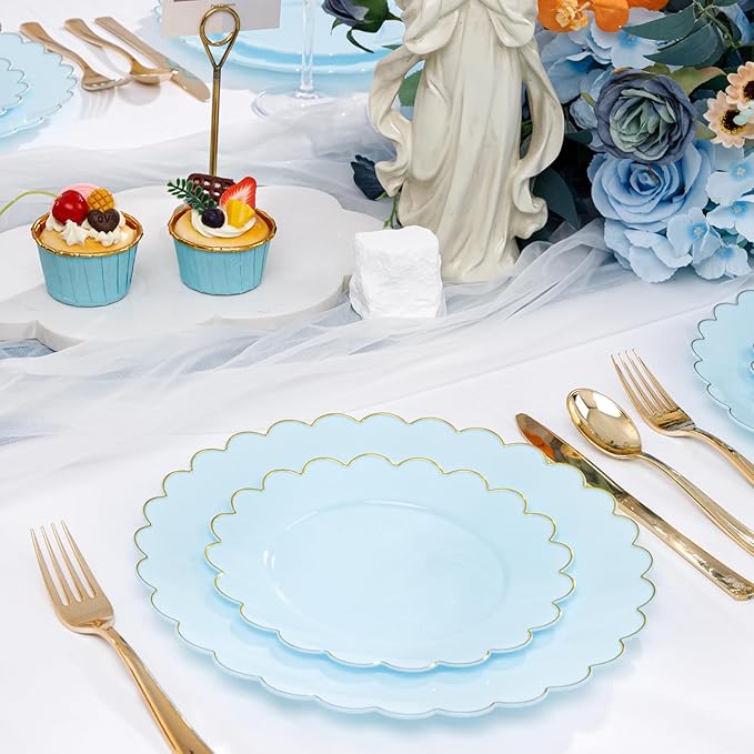 LIYH 60 Pcs Baby Blue Plastic Plates with Gold Edge - Disposable Light Blue Plastic Plates Includes 30 Dinner Plate 10.25" and 30 Dessert Plate 7.5" for Party Birthday Wedding