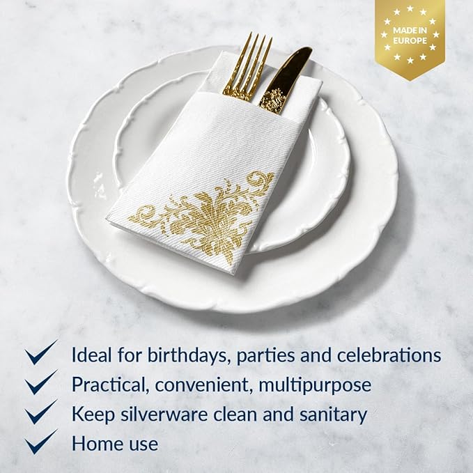 PAW - Linen Feel Napkins with Built-in Flatware Pocket, Soft and Absorbent Paper Pre-Folded Napkins with Golden Ornament, Elegant Guest Towels, Wedding Party, Dinner, Birthday, Gatherings, 50 Count