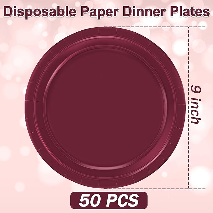 QZYL 50 PCS Paper Plates, Burgundy Heavy Duty Party Plates, Round 9 Inches Disposable Paper Tableware, Everyday Use Plates Set for Daily Meals Wedding Christmas Picnic Supplies