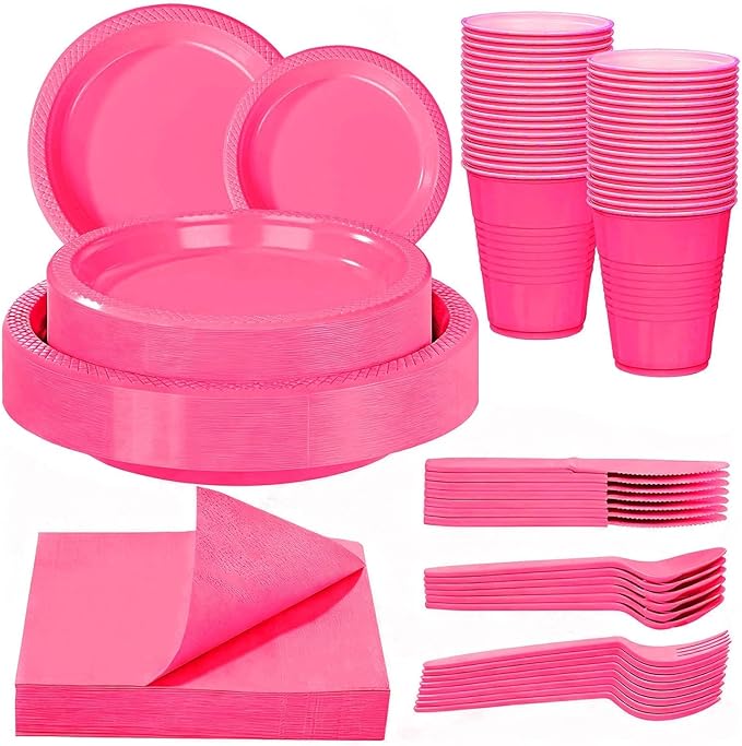WELLIFE 210Pcs Hot Pink Plates, Disposable Dinnerware Set, Including Hot Pink Plastic plates, 12oz Cups, Plastic Cutlery and Napkins Serve 30 Guests, Plastic Plates for Party and Valentine,Galentines