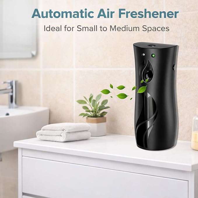 Automatic Air Freshener Dispenser, Wall Mounted or Free Standing Spray Machine, Adjustable Timer, Battery Operated, Compatible with Most Standard Spray Cans for Bathroom, Office & Home (Black)