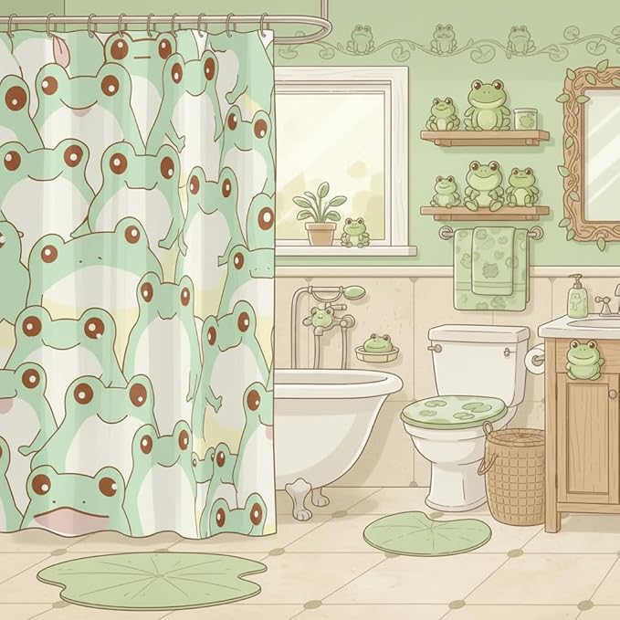 Cute Frog Waterproof Shower Curtains Luxury Heavy Fabric Bathroom Shower Curtain Green Frog Hotel Home Dorm Bathtubs Decor Shower Curtain Machine Washable Grommet Curtain 72 x 84 Inch
