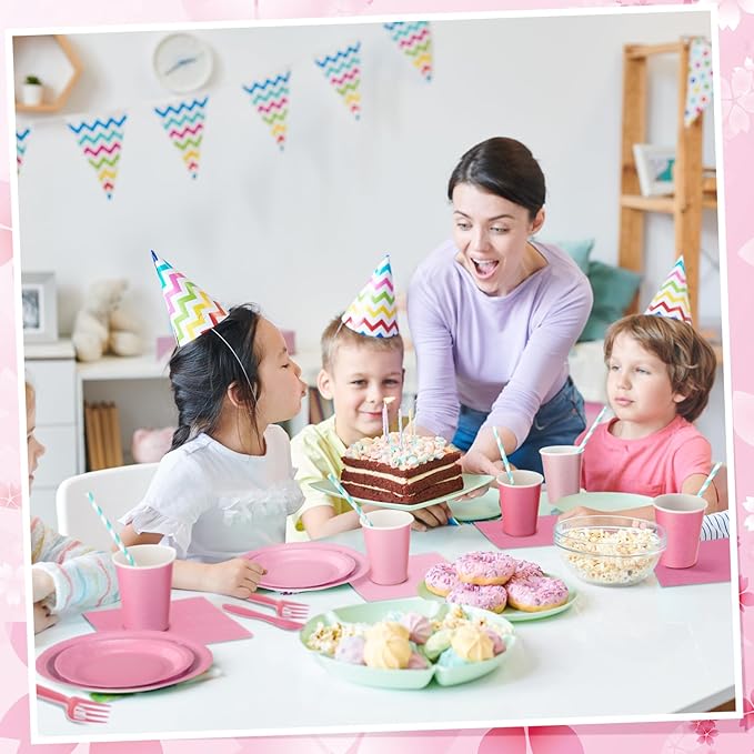 Nuogo 336 Pcs Pink Party Supplies Set Pink Paper Plates Napkins Cups Plastic Spoons Forks Knives Disposable Dinnerware for Birthday Baby Shower Wedding