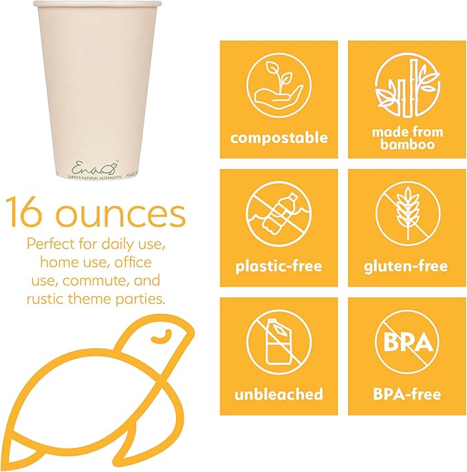 Earth's Natural Alternative 100% Compostable Disposable Coffee Cups with Lids [16oz 80 Set] Paper Cups Made from Unbleached Bamboo Fiber, Compostable, To Go Coffee Cups with Lids