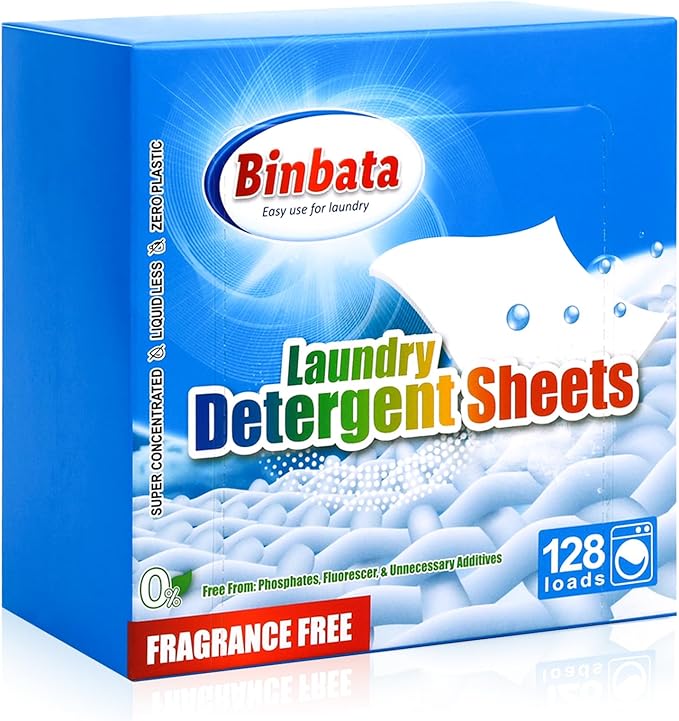 Binbata Laundry Detergent Sheets, Up To 128 Loads Hypoallergenic Eco-Friendly Unscented Biodegradable Plastic Free Liquidless Sheets Suitable for Sensitive Skin