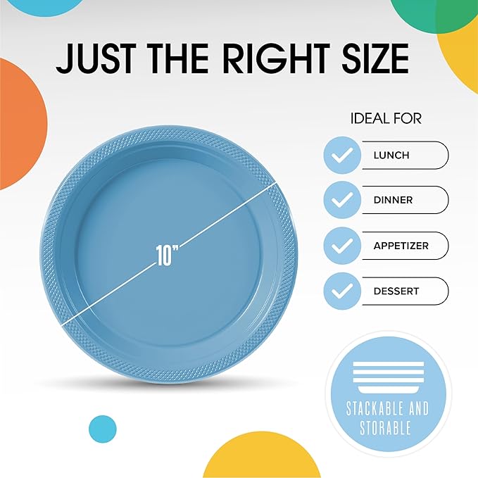 Exquisite Party Solids Light Blue Plastic Plates For Party Supplies 10" Light Blue Disposable Plates Heavy Duty 50 Pcs Plastic Dinnerware Sets Heavy Duty 350 GSM Disposable Dinnerware Set