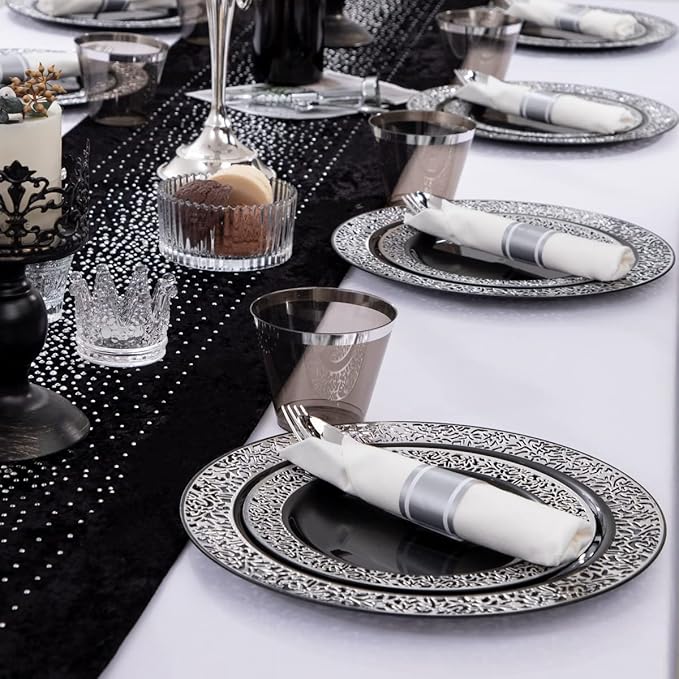 NOCCUR 210PCS Black and Silver Dinnerware Set for 30 Guests - Black Plastic Plates with Silver Rim Include 30 Dinner / 30 Dessert Plates, 30 Prewrapped Silverware, 30 Cups Ideal for Party/Graduation