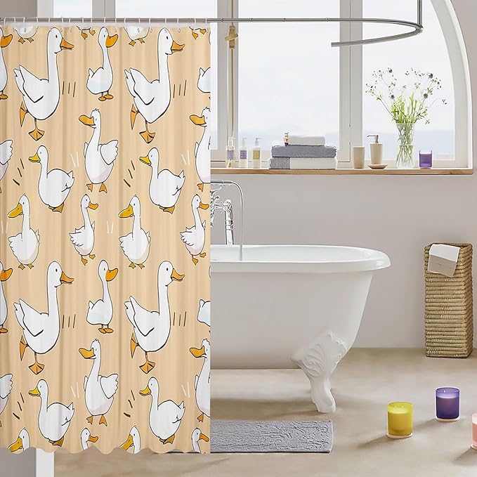 Cute Duck Shower Curtain Waterproof Fabric,Cartoon Farmhouse Livestock Animal Bath Curtain,Kawaii Goose Hand Drawn Orange Hanging Curtain with Hooks for Bathtubs, 72Wx78L inch