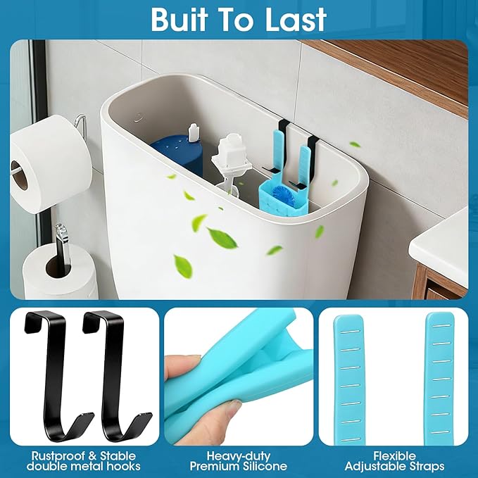Adjustable Toilet Tank Cleaning Tablet Holder-Hanging Silicone Basket Carrier with Rustproof Hooks for Bowl Cleaner & Bleach Tablet Case Pouch Organizer, Accessory Fit Up to 7" Water Level