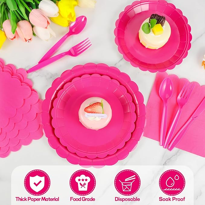 175 Pcs Hot Pink Paper Plates and Napkins, 25 Guest Hot Pink Supplies Include Scalloped Party Plates Napkins Cups Plastic Cutlery Set for Birthday, Bridal Shower
