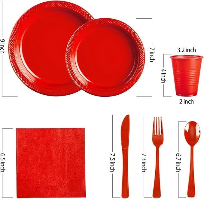 Red Plastic Plates, Graduation Plates Set,Disposable Plastic Dinnerware for Graduation Party Wedding Birthday,Serve 25 Guests