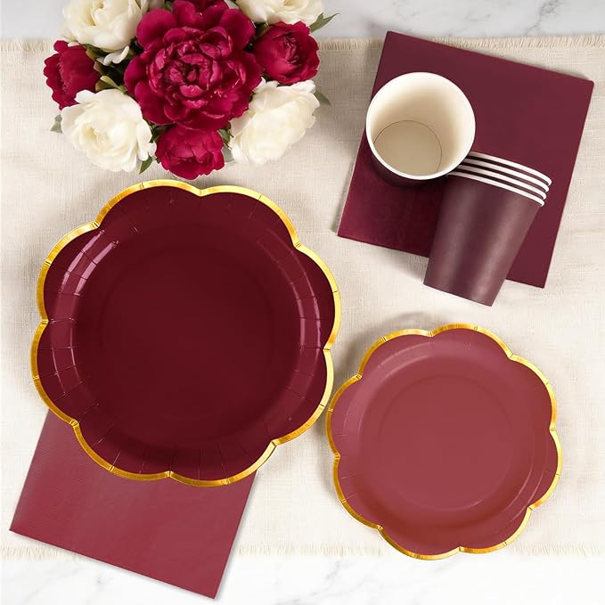 168Pcs Burgundy Paper Plates and Napkins Party Supplies, Maroon Scalloped Plates with Gold Rim, Burgundy Disposable Plates Set for Women Girls Birthday Weddings Bridal Shower Graduation Party Decor