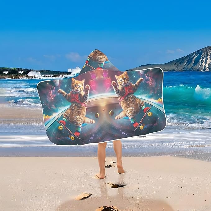 Hooded Towel for Kids Astronaut Cat Skateboard on Saturn's Rings Beach Wrap Bath Towels 50x23.5in