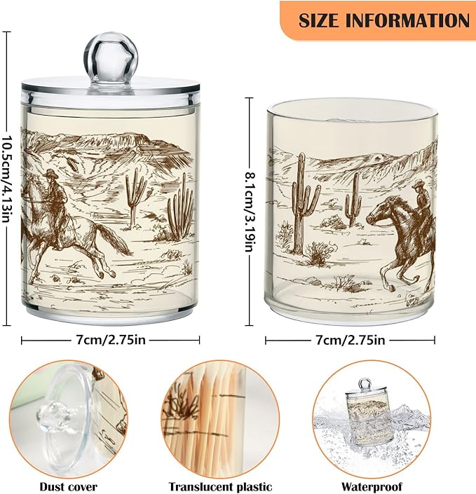 Blueangle 2PCS American West Cowboy Qtip Holder Dispenser with Lids - Apothecary Jar Containers for Vanity Organizer Storage - Plastic Food Storage Canisters