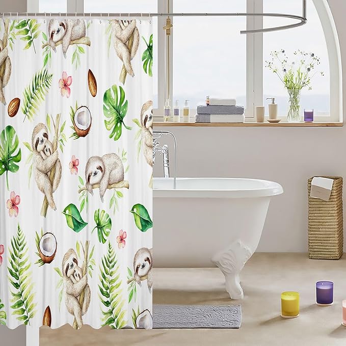 Cute Sloth Bathroom Shower Curtain Set Cartoon Baby Animals Sloth Shower Curtain for Stalls Bathtubs Tropical Palm Leaves Bath Curtain Exotic Nature Waterproof Bathroom Curtains Room Decor 72x72 Inch