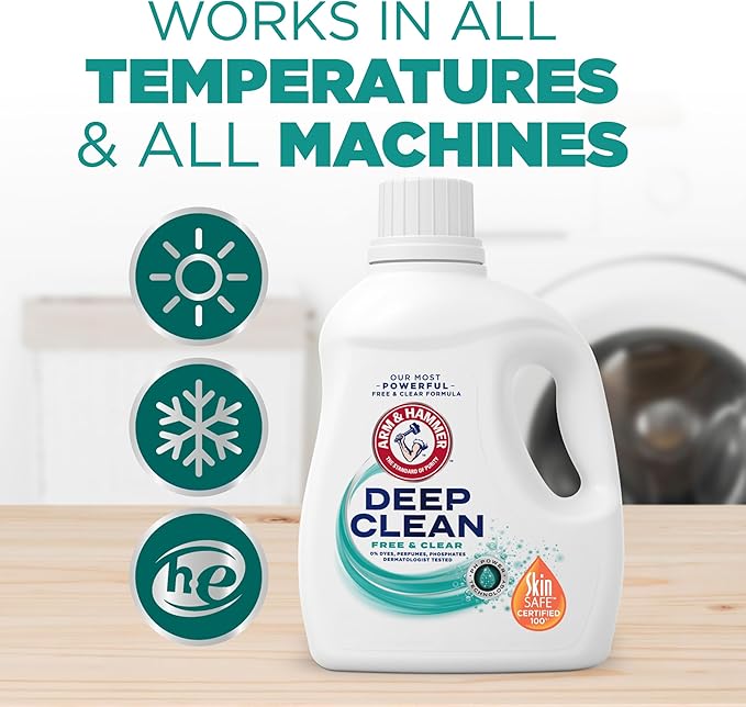ARM & HAMMER Deep Clean Free & Clear Liquid Laundry Detergent, Free of Dyes, and Perfumes, Dermatologist Tested, 102 Fl Oz, 68 Loads
