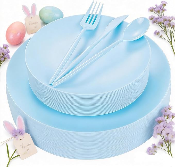 ejonirinjonir EI 150pcs Blue Plastic Plates Disposable Light Blue Baby Shower Plates Heavy Duty Dinnerware Set Plastic Silverware for Party,Wedding,Easter,Spring Afternoon Tea