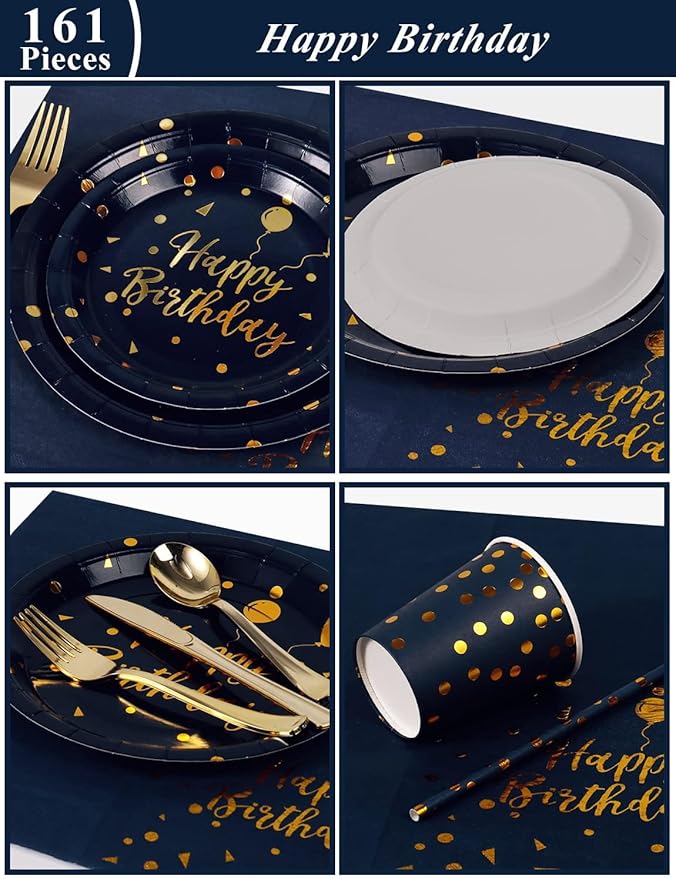 Nkaiso Birthday Party Tableware, 161 Pieces Navy Blue Gold Party Supplies, Party Dinnerware Sets Include Paper Plates Napkins Cups Silverware, for Shower Engagement Parties Decoration -20 Serves