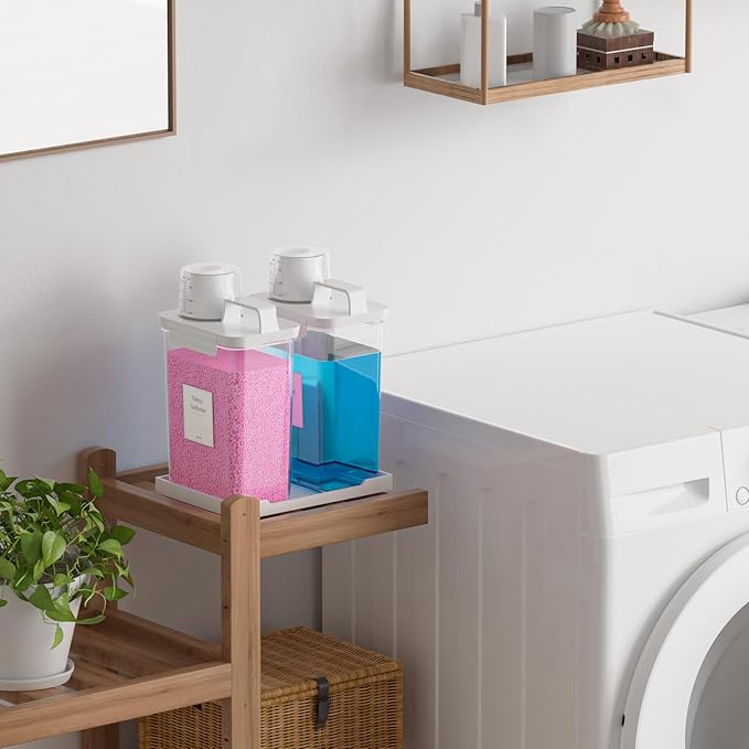 61OZ Laundry Detergent Dispenser Container, 2 Pack Liquid Laundry Dispenser, Plastic Detergent Dispensers for Laundry Powder/Fabric Softener with Tray 6 Labels, Clear