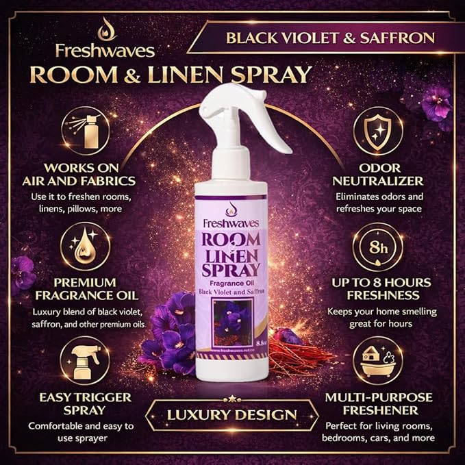 Freshwaves Black Violet & Saffron Fragrance Oil Spray | 8oz Air Freshener | Room Odor Eliminator for Living Room, Bedroom, Bathroom & Office