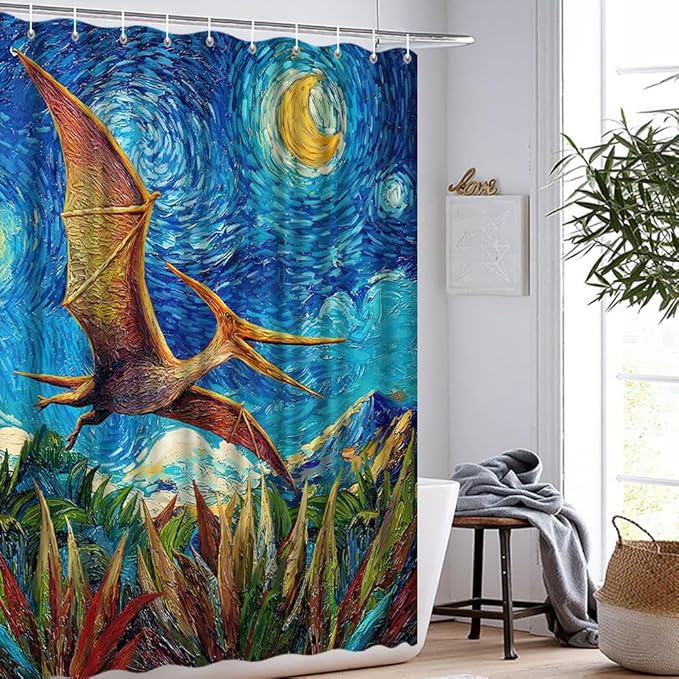 Shower Curtain Dinosaur Kids Bathroom Funny Bath Decor Blue and Yellow with 12 Hooks 72x72 Inches
