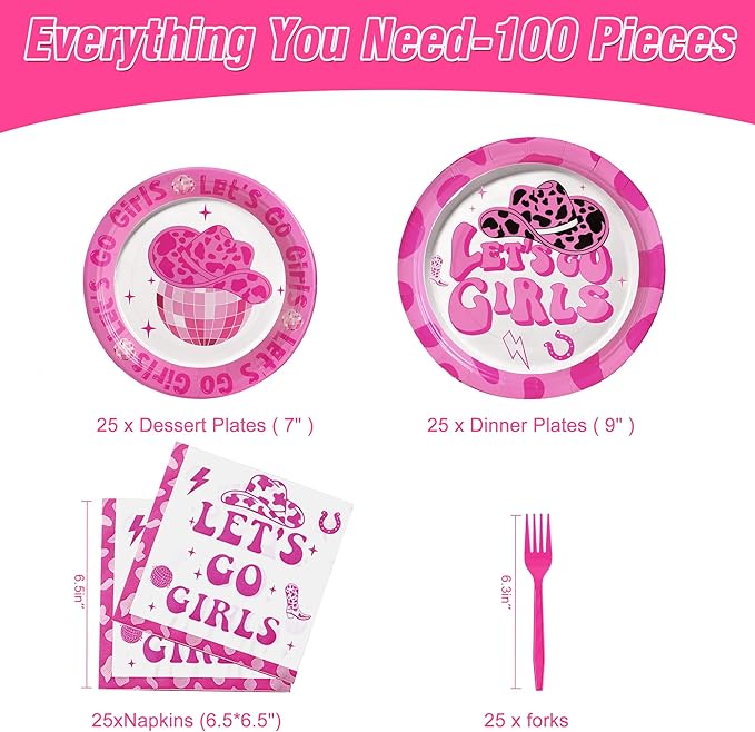 100 Pcs Let's Go Girls Party Supplies for 25 Guests, Heavy-Duty 7" & 9" Paper Plates, 2-Ply 13" Napkins & Plastic Forks, Disposable Disco Cowgirl Tableware Set for Birthday Party