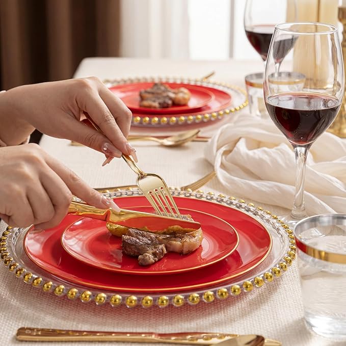 WDF 300Pcs Red Disposable Plates - Red Plastic Plates - 50guest Disposable Dinnerware Include 50 Dinner Plate, 50 Dessert Plate, 150 Cutlery & 50 9oz Cups for Wedding/Birthday/Party