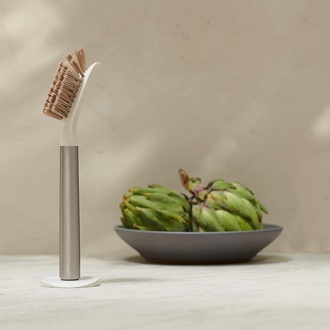 Curio Home Goods Ionic Dish Brush, Magnetized to Stand Upright, Stainless Steel with Replaceable Head, Silver