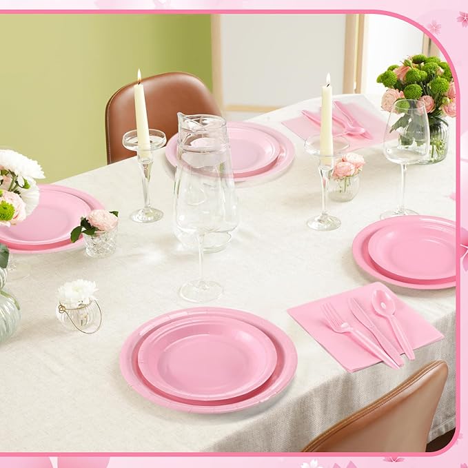 Nuogo 168 Pcs Pink Party Supplies Set Pink Paper Plates Napkins Cups Plastic Spoons Forks Knives Disposable Dinnerware for Birthday Baby Shower Wedding