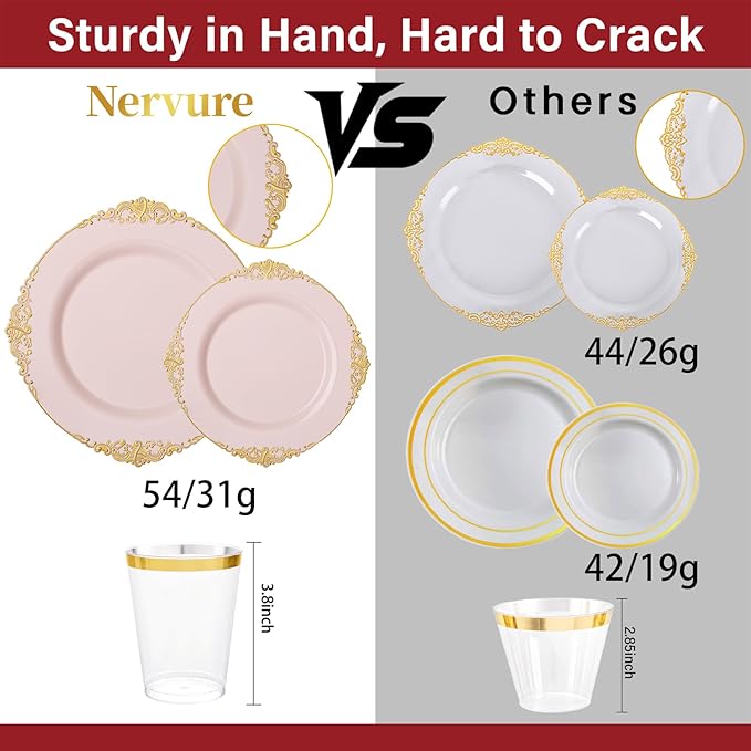 Nervure 350PCS Pink Plastic Plates - Pink Plastic Dinnerware Sets for 50 Guests - 100 Disposable Plates, 150 Gold Silverware, 50 Cups, 50 Napkins Perfect for Wedding & Party