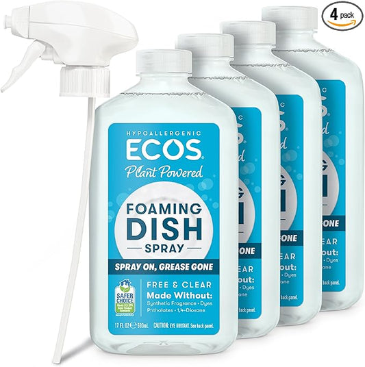 ECOS Foaming Dish Soap, Powerful Spray-On Formula, Saves Water, Wipe & Rinse Dish Cleaner - Hypoallergenic - Free & Clear, 17 Fl Oz (Pack of 4)