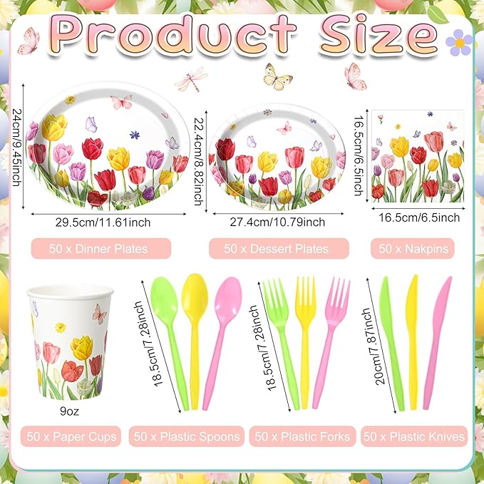 Havawish 350 Pcs Floral Party Supplies Tulip Disposable Tableware Set Tulip Oval Paper Plates Cups Napkins Fork Knife Spoon Dinnerwares for 50 Guests Baby Shower Wedding Birthday Party Decorations