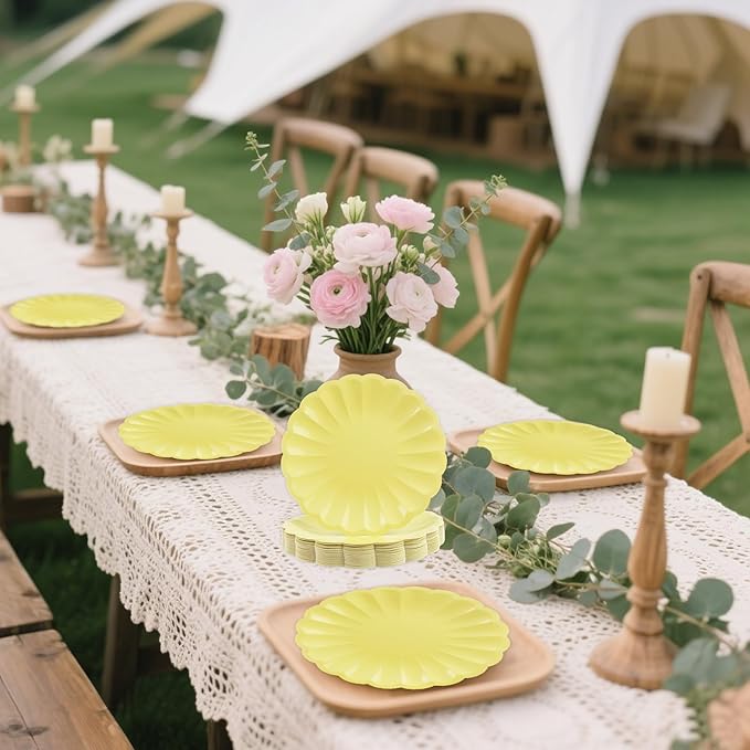50Pcs Large Scalloped Yellow Paper Plates 9Inch Shell Edge Dinner Plates for Cake Salad Fruit Disposable Dinner Serving Plates for Birthday Wedding Baby Shower Party Decorations